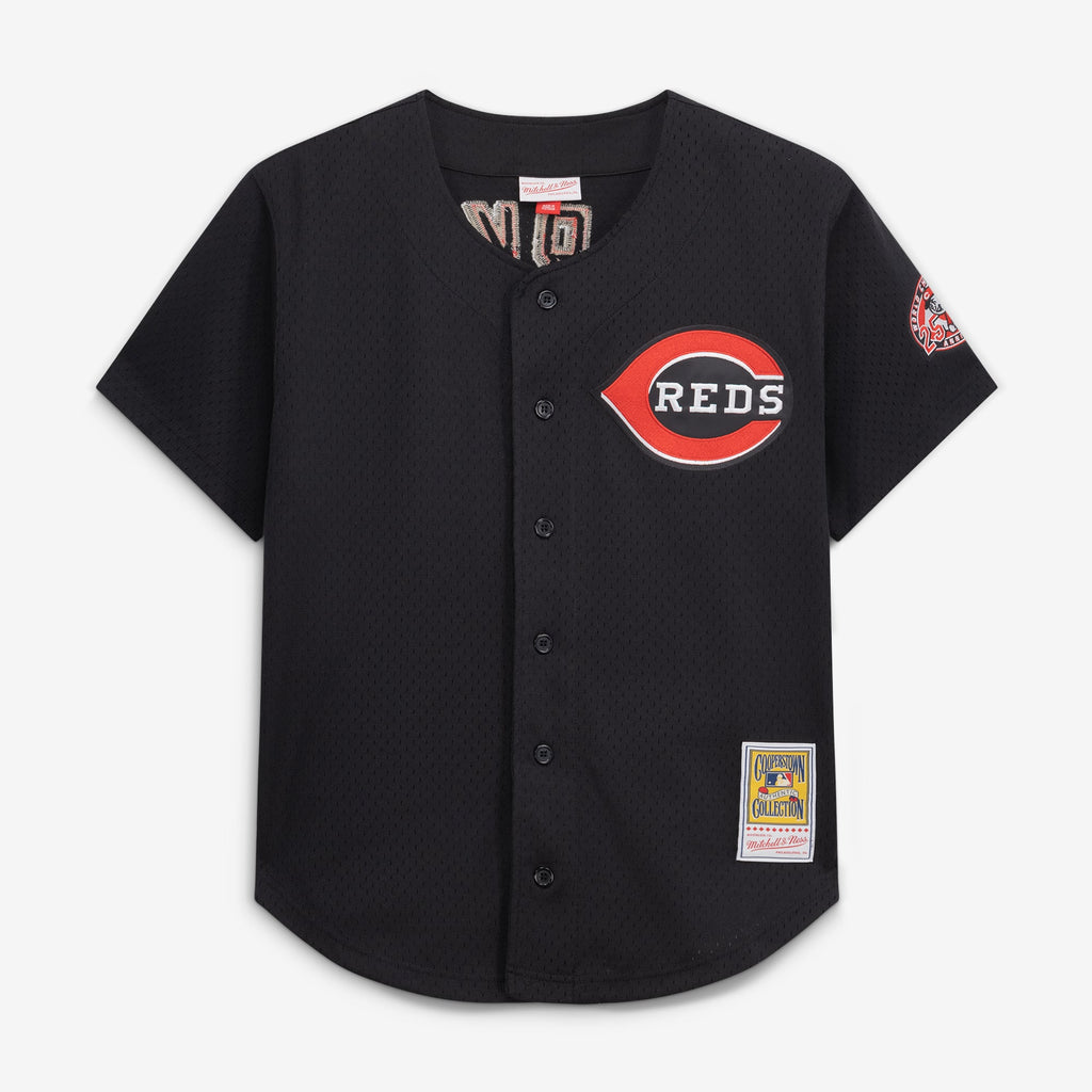 Men's Cincinnati Reds Barry Larkin Mitchell & Ness Black Cooperstown Collection Mesh Batting Practice Button-Up Jersey