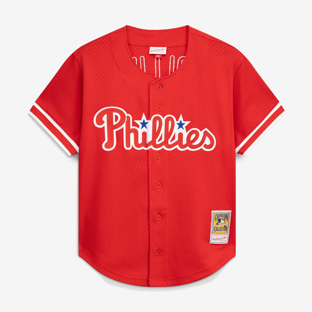 Men's Philadelphia Phillies Jimmy Rollins Mitchell & Ness Red Cooperstown Mesh Batting Practice Button-Up Jersey