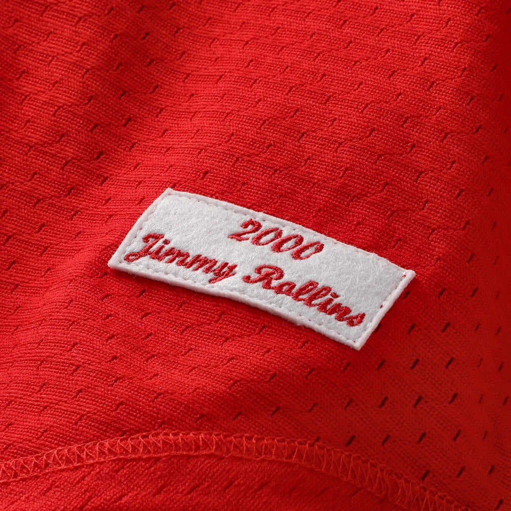 Men's Philadelphia Phillies Jimmy Rollins Mitchell & Ness Red Cooperstown Mesh Batting Practice Button-Up Jersey