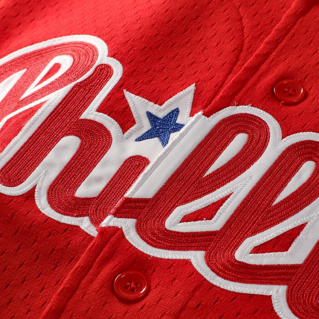 Men's Philadelphia Phillies Jimmy Rollins Mitchell & Ness Red Cooperstown Mesh Batting Practice Button-Up Jersey