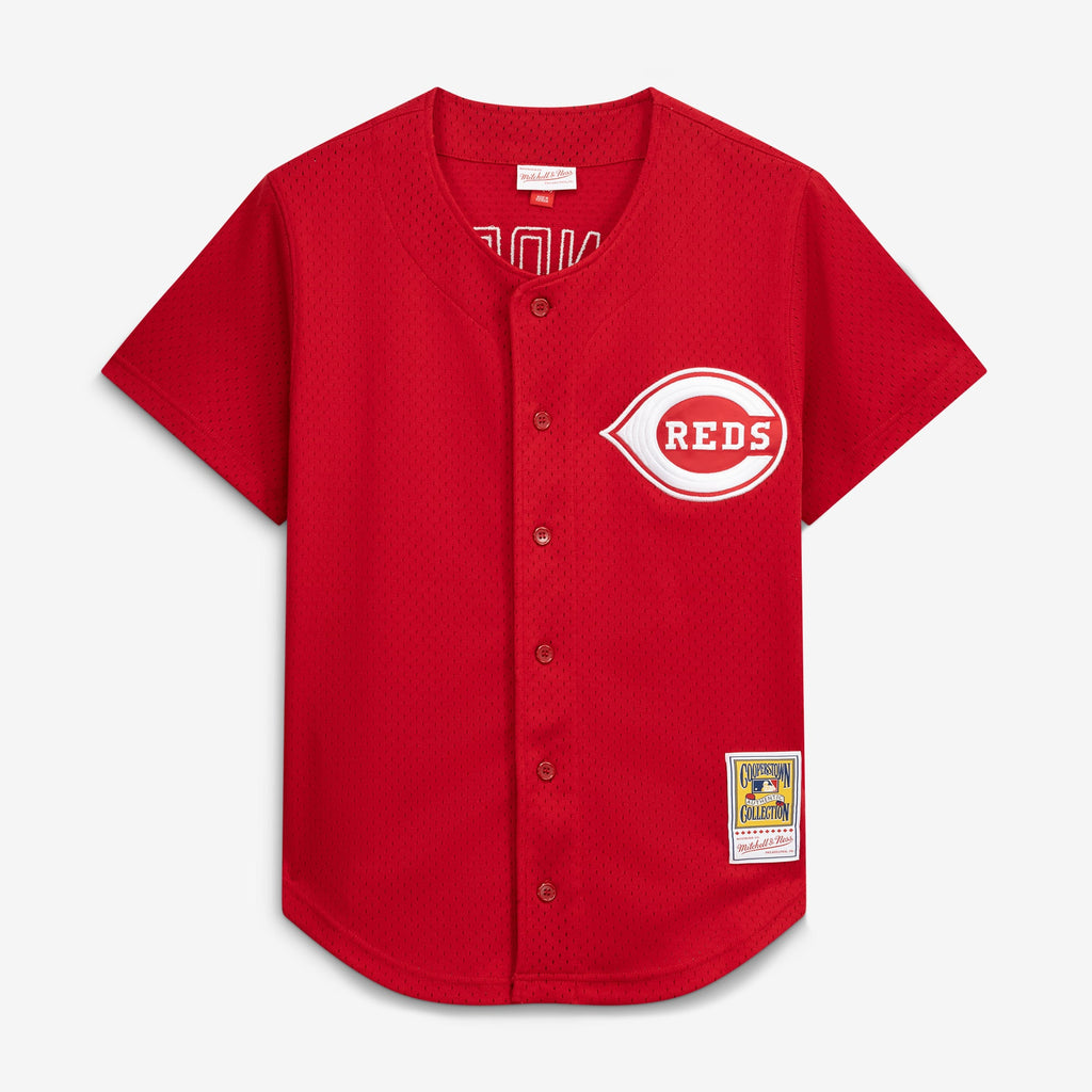 Men's Cincinnati Reds Deion Sanders Mitchell & Ness Red Cooperstown Mesh Batting Practice Button-Up Jersey