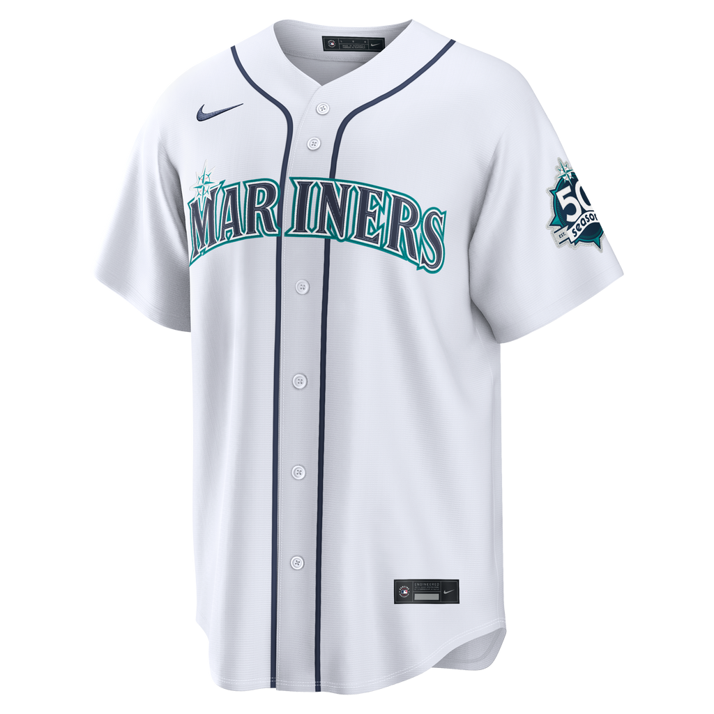 Men's Seattle Mariners Cal Raleigh Nike White Home Stadium 50th Season Patch Jersey